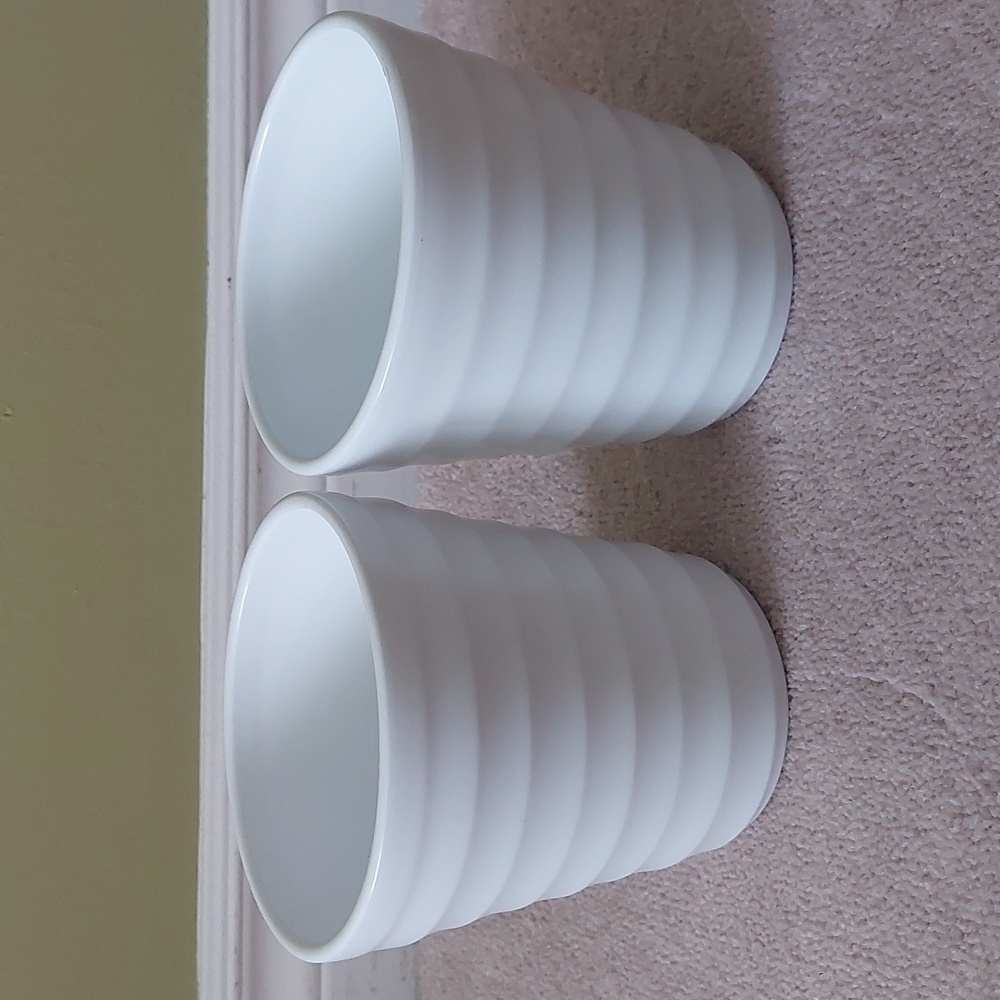 Set of Two White Ribbed Ceramic Planters, Made In Germany